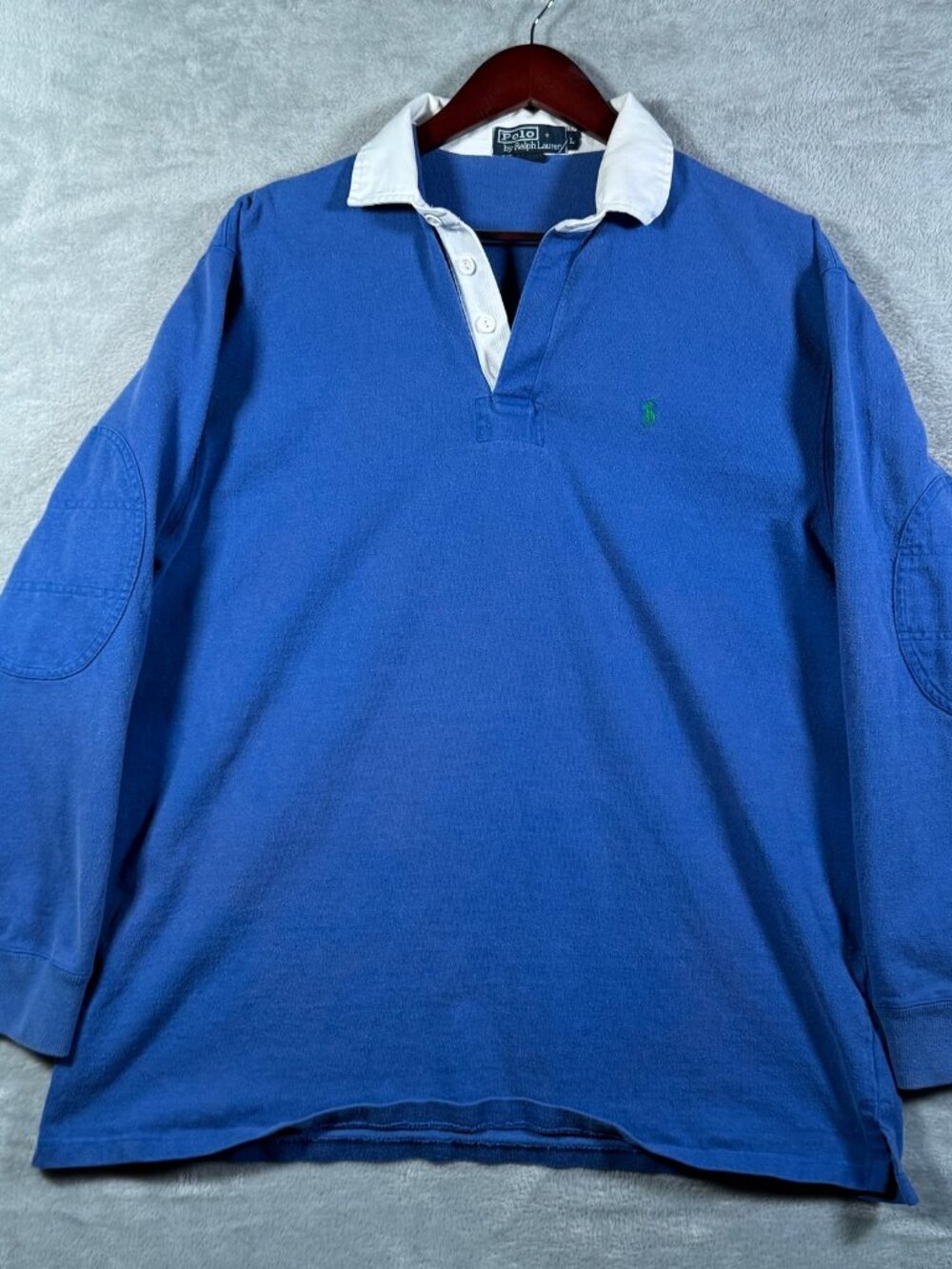Polo Ralph Lauren Rugby Shirt Mens L Blue Long Sleeve Elbow Patch Vintage